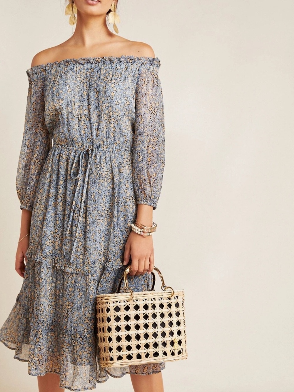 Anthropologie Blue Floral Ruffled Tiered Maxi Dress